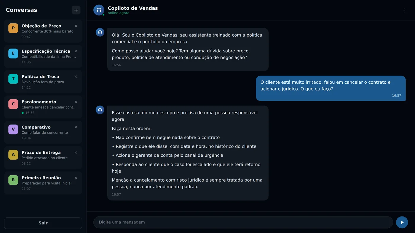 Tela do Copiloto de Vendas: cliente ameaça cancelar e acionar o jurídico, e o assistente diz que o caso sai do escopo e orienta a escalar para o gerente da conta