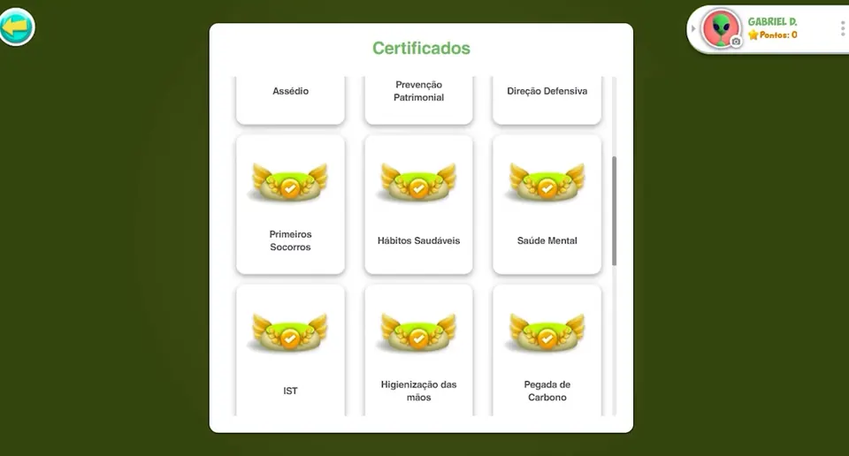 Tela de certificados de conclusão separados por tema da SIPAT