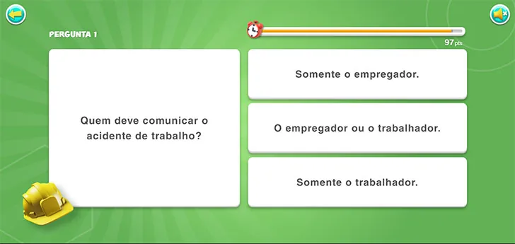 Quiz contra o relógio: pergunta sobre quem deve comunicar o acidente de trabalho, com três alternativas e barra de tempo