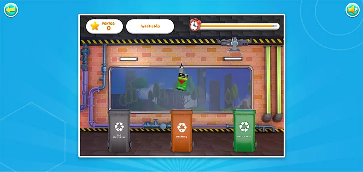 Game de reciclagem: o resíduo desce e o colaborador escolhe a lixeira certa entre não reciclável, orgânico e reciclável