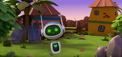 Vídeo animado em 3D com o robô-guia explicando o tema da fase